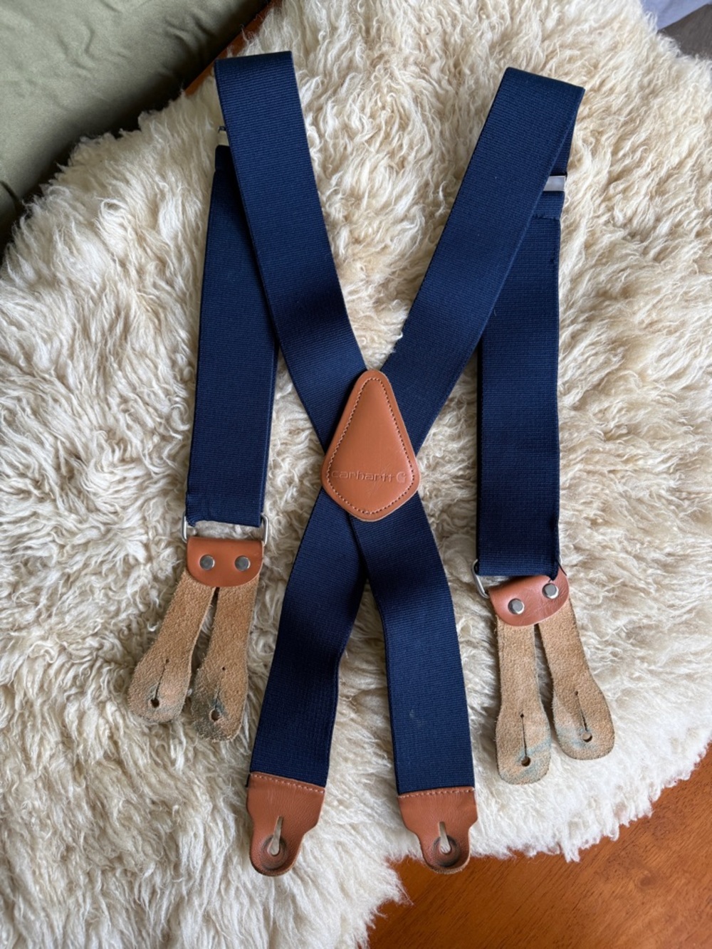 Carhartt Men's Navy Blue Suspenders with Brown Leather Accents